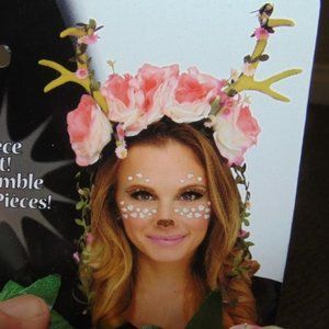 *Reindeer 14+ Halloween Costume Accessory Pink Flower Antler Headband & Tattoos
